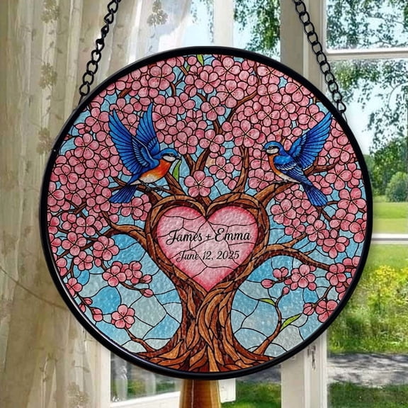 Custom Anniversary Suncatcher, Glass Tree of Love, Bluebird Wedding Gift, Couple Name & Date Keepsake, Stained Glass Ornament 2025, Holiday Decoration, Seasonal Keepsake Gift,