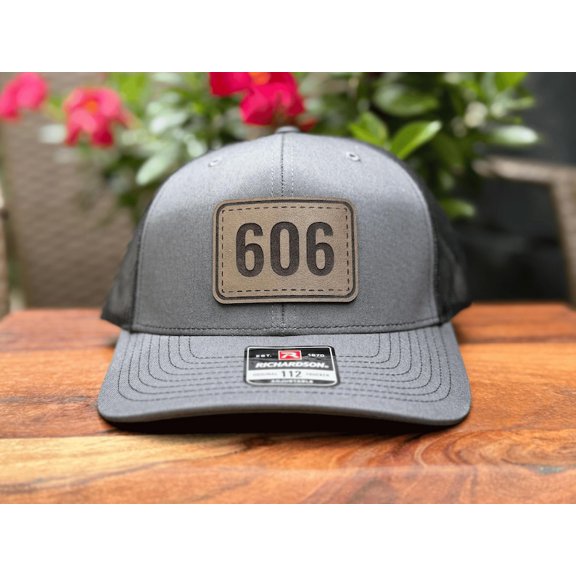 Custom Area Code Richardson 112 Trucker Hat: Gray Leather Patch, Personalized Zip Code