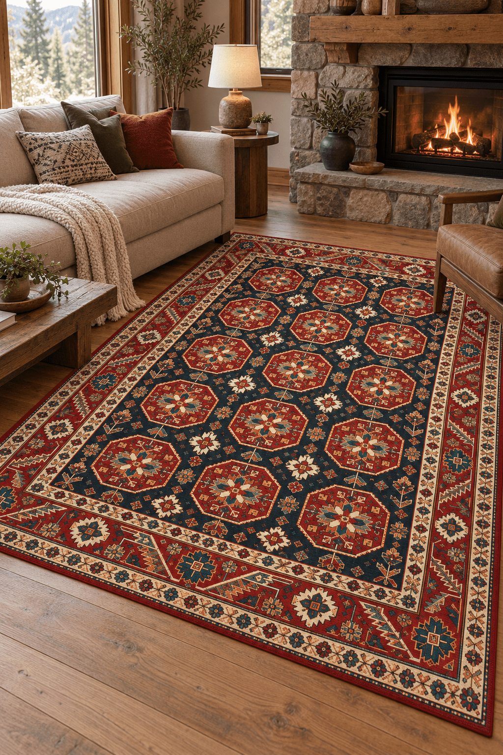 Brick Red Afghan Rosette Area Rug Non-Slip Low Pile Traditional Modern ...