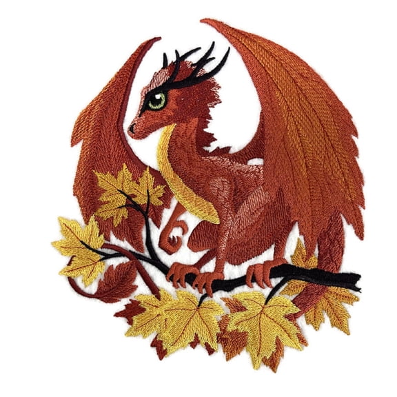 Custom Autumn Dragon Embroidery Iron On/Sew Patch (6.8" x 7.8")
