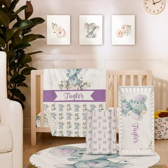 Custom Baby Bedding Set,5 Pcs Personalized Name Baby sheets for Kid Toddler,Purple Repeating Baby Elephants with Large Elephant Image Nursery Bedding Set,a Perfect Gift(Fixed Size)