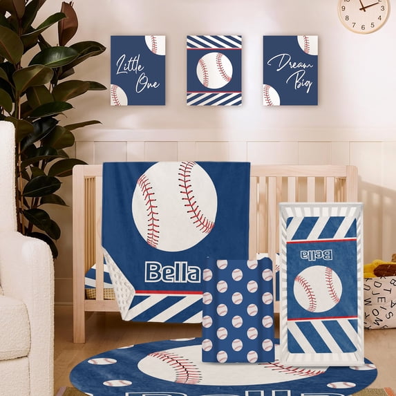 Custom Baby Bedding Set for Boys-Blue Baseball Pattern,Personalized Name 5 Pcs Nursery Bedding-Soft Chic Blanket,Sheet,Changing Pad Cover, Room Rug and Wall Art Set for Newborns Gifts