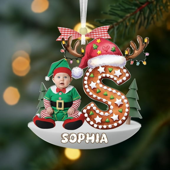 Custom Baby Name Photo Ornament, Gingerbread Letter, Baby Photo Elf, Baby Shower Gift, Baby's First Christmas, Newborn Baby Face Ornament