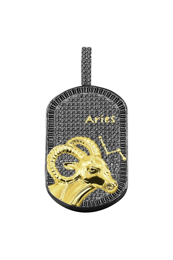 Custom Baguette Icy Designer Zodiac Sign Pendent 2 Tone Black Gold Finish Aries Ram Astrology Simulated Diamond Tog Tag Charm