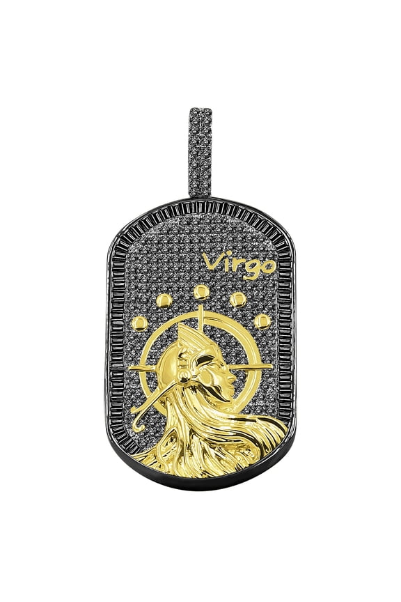 Custom Baguette Icy Designer Zodiac Sign Pendent 2 Tone Black Gold Finish Virgo Astrology Simulated Diamond Tog Tag Charm