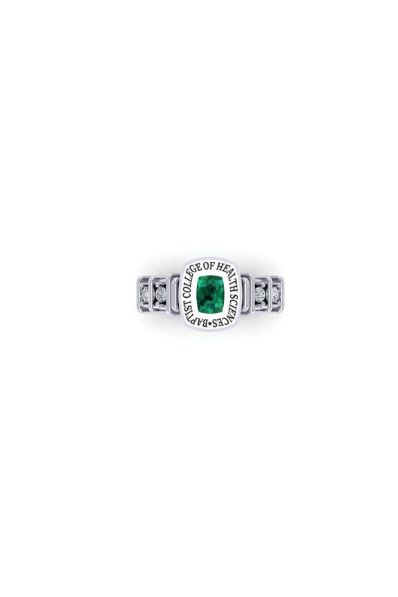 Custom Baptist College of Health Sciences Ring Personalized High School Name Year Inside Engraving with Cushion Cut Green Stone Centerpiece 925 Sterling Silver