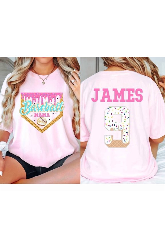 Custom Baseball Drip Mama Shirt, Team Mom T Shirt,Personalized Ice Cream Drip Tee,Mother's Day Gift,With Name & Number Jersey Mom Tball tee LGHT PINK