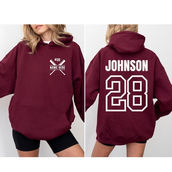 Custom Baseball Hoodie with Name & Number, Personalized Team Pullover, Unisex Baseball Mom Hoody, Sports Player Gift Maroon