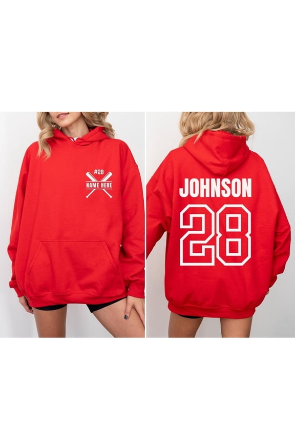 Custom Baseball Hoodie with Name & Number, Personalized Team Pullover, Unisex Baseball Mom Hoody, Sports Player Gift Red