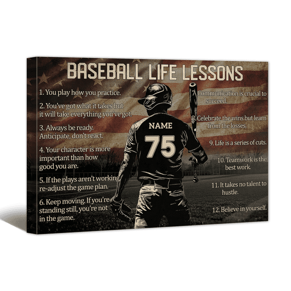 Custom Baseball Life Lessons Canvas Wall Art, Personalized Motivational Canvas Prints with Your Name & Numbers, Inspirational Sports Gifts for Baseball Lovers, Athletes Bedroom Decor