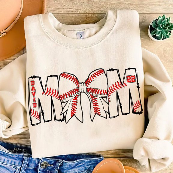 Custom Baseball Mama Sweatshirt, Game Day Bow Shirt with Kids Name and Jersey, Personalized Sports Mom Pullover, Coquette Baseball Gift