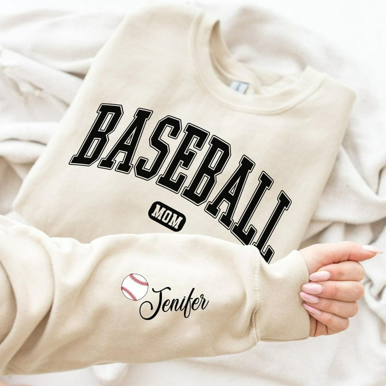 Custom Baseball Mom Crewneck with Name On A Sleeve Sweatshirt Custom Baseball Sweatshirt Baseball Mom Hoodie Game Day Gift for Mom Walmart