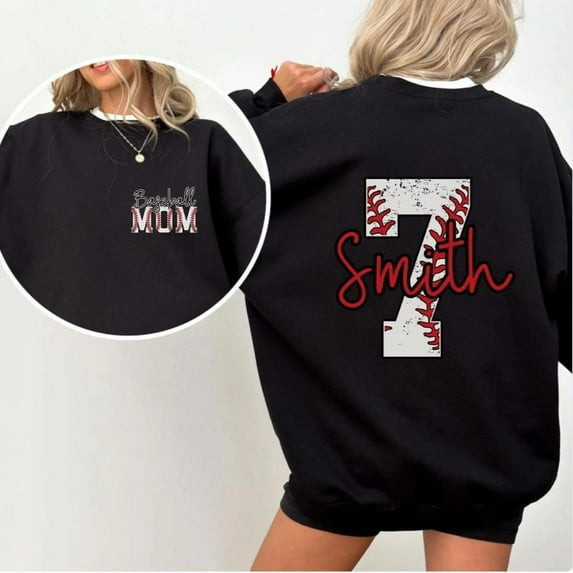 Custom Baseball Mom Sweatshirt, Personalized Name & Number Crewneck, Unisex Game Day Pullover, Sports Mom Fan Gift Black
