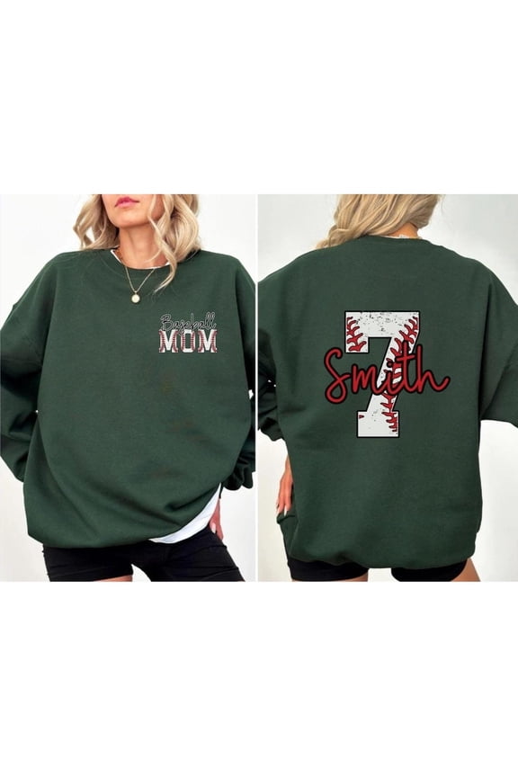 Custom Baseball Mom Sweatshirt, Personalized Name & Number Crewneck, Unisex Game Day Pullover, Sports Mom Fan Gift Forest Green