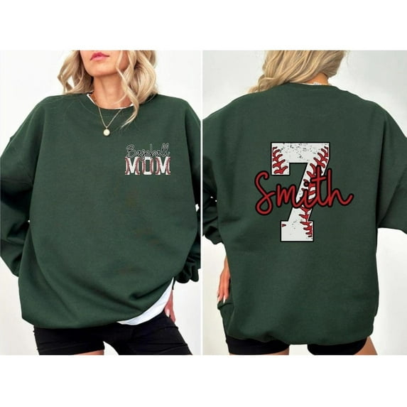 Custom Baseball Mom Sweatshirt, Personalized Name & Number Crewneck, Unisex Game Day Pullover, Sports Mom Fan Gift Forest Green