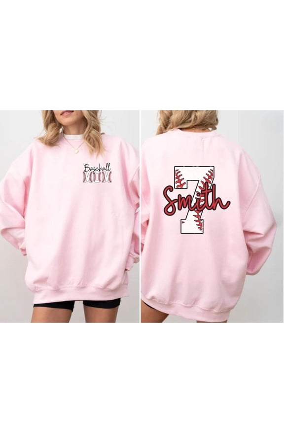 Custom Baseball Mom Sweatshirt, Personalized Name & Number Crewneck, Unisex Game Day Pullover, Sports Mom Fan Gift Light Pink