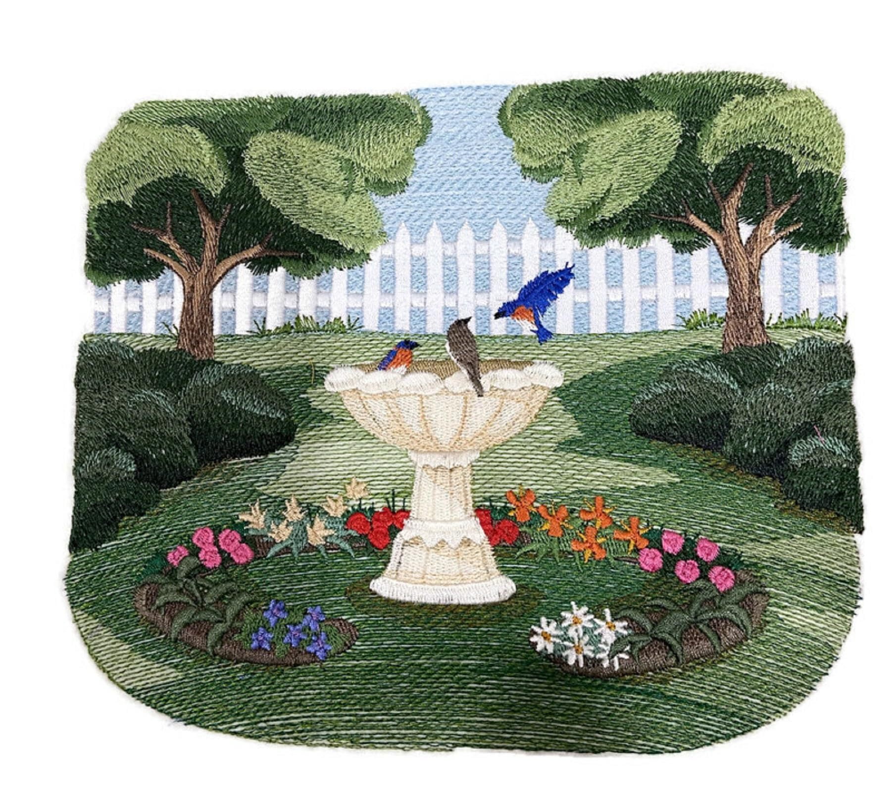 Custom Beautiful Scene Birdbath Scene Embroidered Iron on/Sew Patch (9" x 7.5")