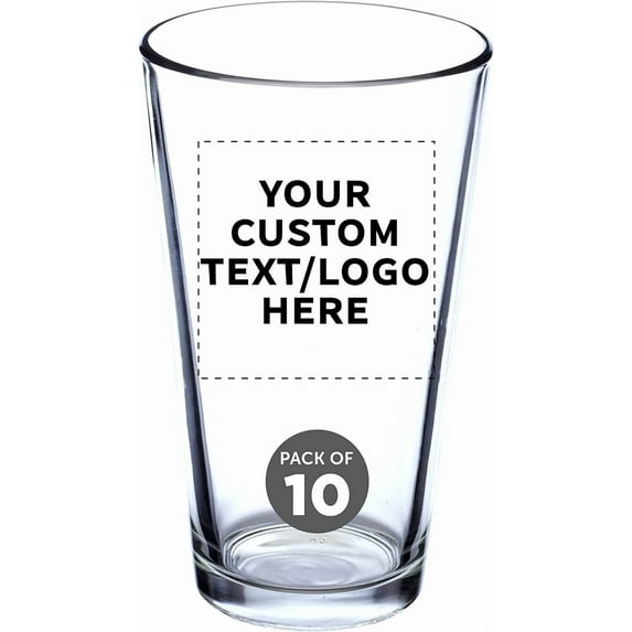 Custom Beer Pint Glasses 16 oz. Set of 10, Personalized Bulk Pack - Heavy Duty Glassware for Restaurant, Thick Base and Walls, Stackable - Clear