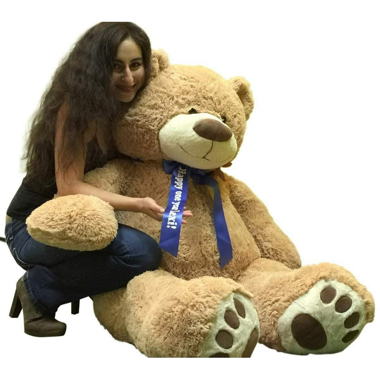 Custom Big Plush Giant Teddy Bear 5 Feet Tall Your Name or Message Imprinted on Bear s Blue Neck Ribbon Bow Tan Color with Bigfoot Paws Giant