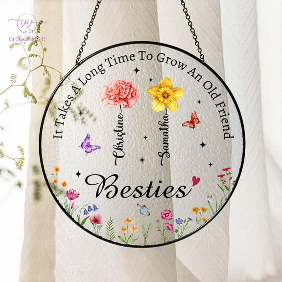 Custom Birth Month Flower Besties Stained Glass Suncatcher, Friendship Window Decor Sun Catcher, Best Friends Gift, Gift for Her 1889922383 9417