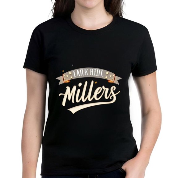 Custom Black Cotton Short Sleeve T-Shirt for Women with ' EARK HILL ' Banner and Cursive ' Millers ' Design Stylish and Unique Graphic Tee