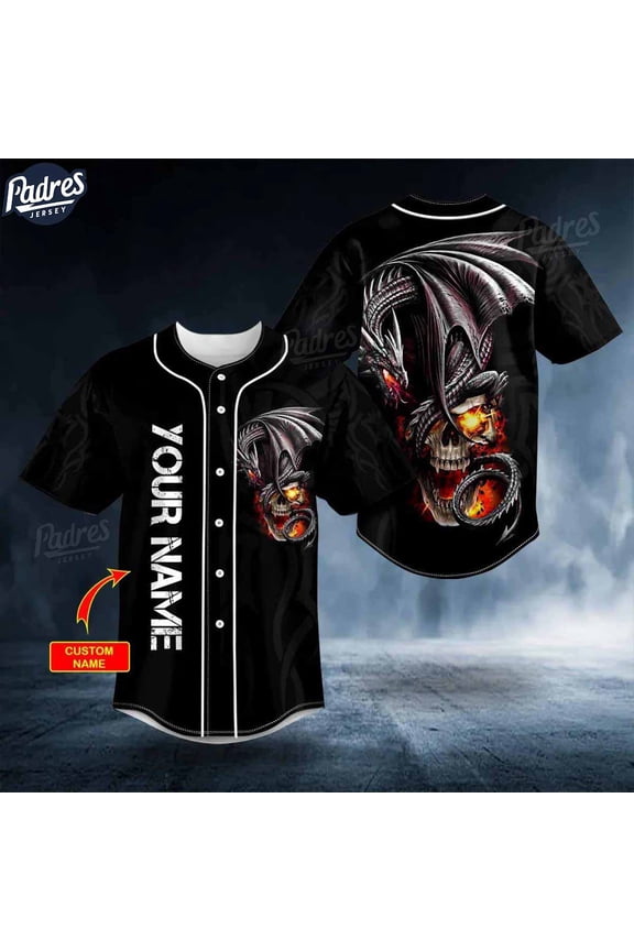 Custom Black Gothic Dragon Fire Skull Baseball Jersey