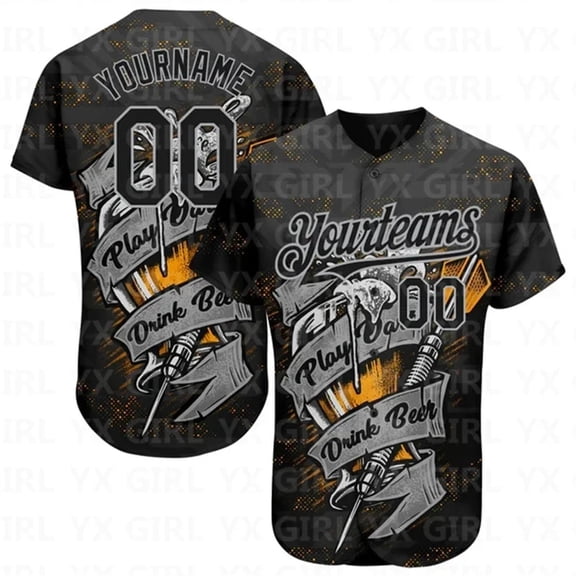 Custom Black Gray 3D Pattern Design Play Dart Drink Beer Authentic Baseball Jersey Printed