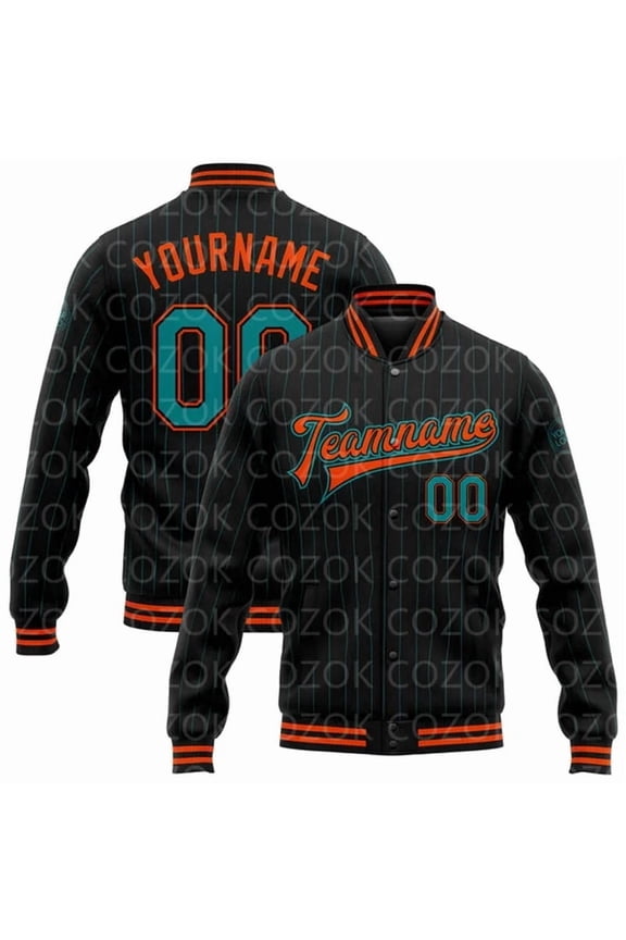 Custom Black Orange Green 3D Printed Baseball Button Jacket Bomber Full-Snap Varsity Lette