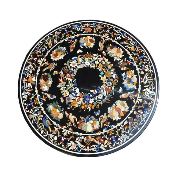 Custom Black Pietra Dura Dining Room Table with Intricate Mosaic Inlay Work – Handcrafted Pietra Dura Tabletop-60 Inch