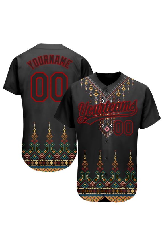 Custom Black Red 3D Pattern Design Traditional African Ethnic Style Authentic Baseball Jer