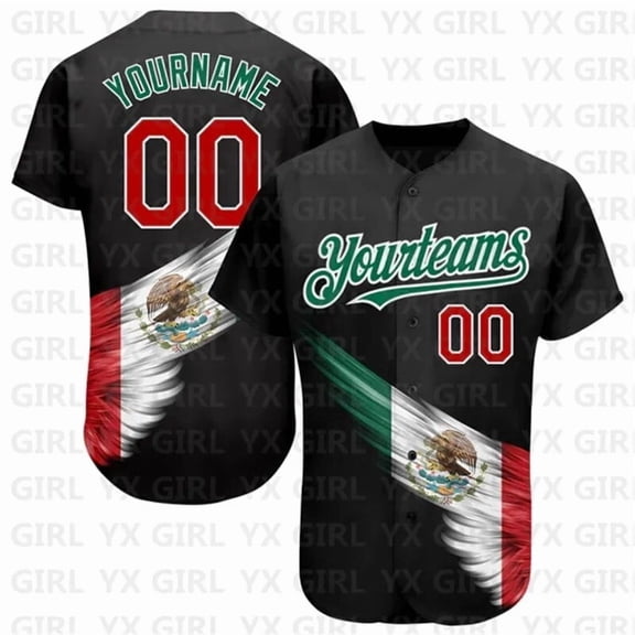 Custom Black Red-Kelly Green Wing With Mexican Flag Authentic Baseball Jersey 3D Printed M