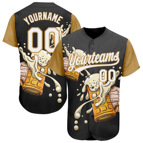 Custom Black White-Old Gold 3D Pattern Design Beer Festival Authentic Baseball Jersey - Ho
