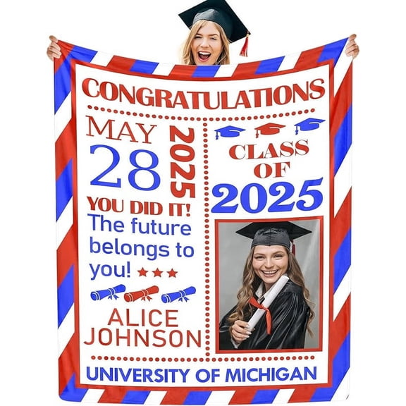Custom Blanket with Class of 2025, Personalized Name Throw for Graduates, Customized Throw Blanket Gifts for Graduation Season Soft Fleece Blanket for Friends Classmates