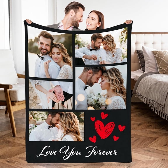Custom Blanket with Photo Text, Personalized Flannel Throw Blanket, Customized Blanket Using My Own Photos, Birthday Christmas Wedding Gifts for Mom Dad Friends Sister - 4 Size (6 Photo-4)