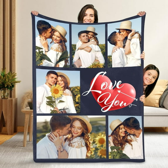 Custom Blanket with Photo Text, Personalized Flannel Throw Blanket, Customized Blanket Using My Own Photos, Birthday Christmas Wedding Gifts for Mom Dad Friends Sister - 4 Size (6 Photo-4)