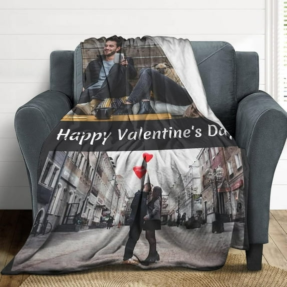 Custom Blanket with Photo Text Personalized Throw Blanket Customized Blanket for Her for Him Flannel Blankets Father's Day Mother's Day Birthday Valentines, Navy, 40"x50" Blankets