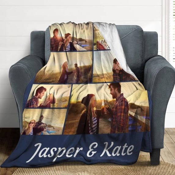 Custom Blanket with Photo Text Personalized Throw Blanket Customized Blanket for Her for Him Flannel Blankets Father's Day Mother's Day Birthday Valentines, Navy, 40"x50" Blankets