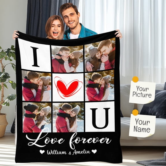 Custom Blanket with Photos Text, Personalized Flannel Throw Blanket for Birthday Christmas Halloween Valentines Day Gift