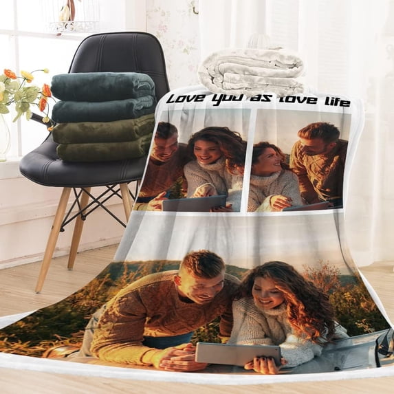 Custom Blanket with Photos and Text Customized Blanket Personalized Flannel Throw Blankets for Adult Kid Birthday Christmas Halloween Mothers Fathers Valentines Day Gift. (5 Photos, 48X32inch)