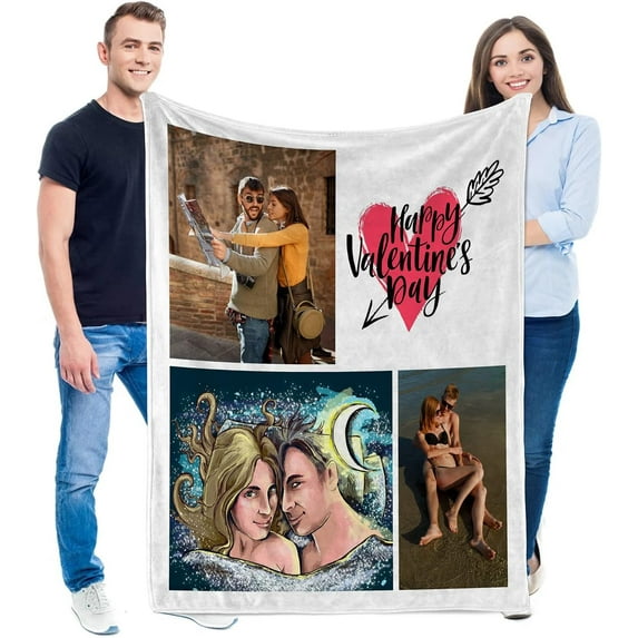 Custom Blanket with Photos and Text Customized Blanket Personalized Flannel Throw Blankets for Adult Kid Birthday Christmas Halloween Mothers Fathers Valentines Day Gift. (5 Photos, 48X32inch)