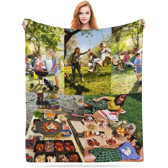 Custom Blanket with Photos Text Customized Blanket Personalized Flannel Throw Blankets for Adult Kid Friends Birthday Christmas Halloween Fathers Mothers Valentines Day Gift (4 Photos)