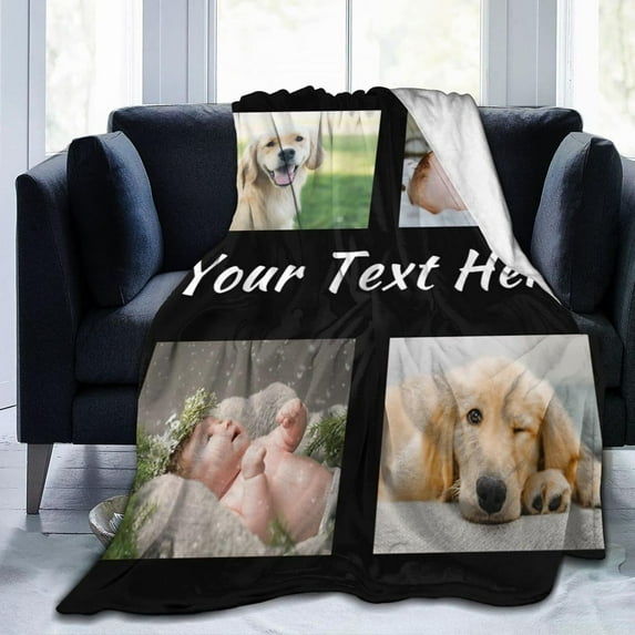 Custom Blanket with Photos Text, Customized Blankets with Photos Collage Customized Blankets for Family Birthday Wedding Gift, Personalized Bed Throw Blanket for Adult Child Black, 60" x 50"
