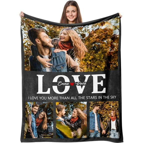 Custom Blanket with Photos Text, Personalized Photo Collage Flannel Throw Blanket Customized Gifts for Dad Mom Boyfriend Girlfriend Birthday Valentines Day Christmas Blankets