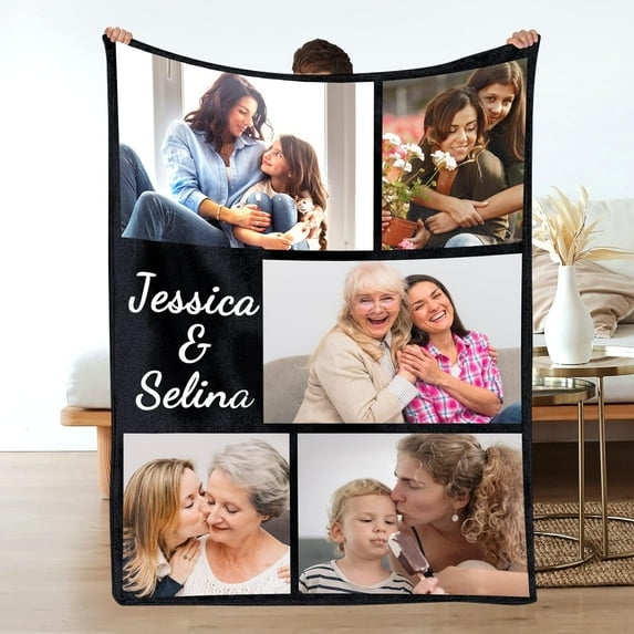 Custom Blanket with Photos/Text, Personalized Picture Blanket Throw Using My Own Photos, Customized Memorial Mothers for Mom Dad Family Friends - 4 Size (1 Photo W/Text)