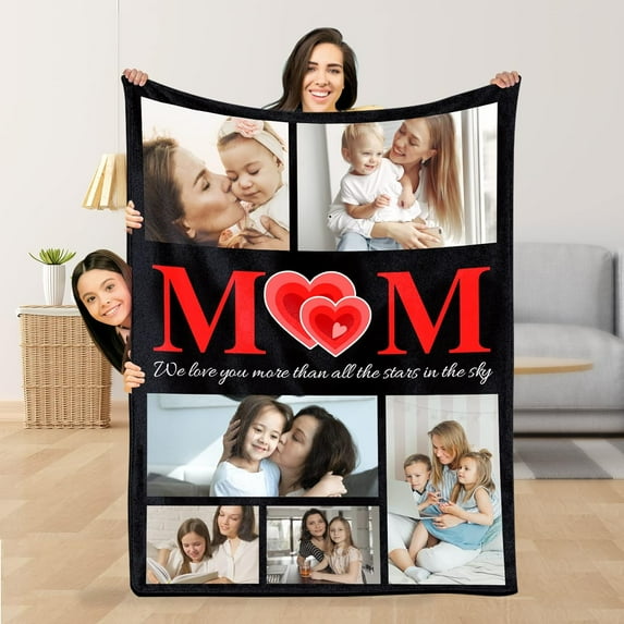Custom Blanket with Photos/Text, Personalized Picture Blanket Throw Using My Own Photos, Customized Memorial Mothers for Mom Dad Family Friends - 4 Size (1 Photo W/Text)