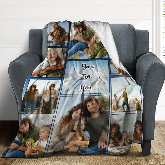 Custom Blanket with Photos Text, Personalized Picture Blankets, 10 Photos Collage, Customized Merry Christmas Throw Blanket for Family, Dad, Mom, Kids, Gifts for Birthday Christmas, 5 Sizes