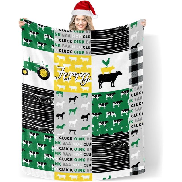 Custom Blanket with Name Text,Personalized Patchwork Cow Farm Life