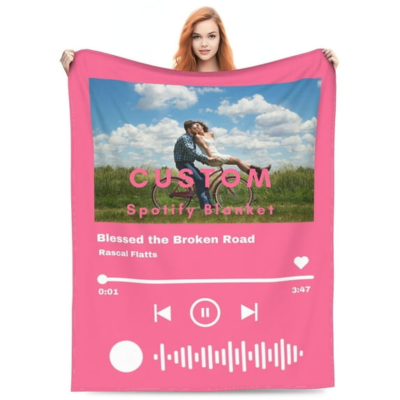 Custom Blanket with Your Own Photo and Spotify Song - 60inX40in - Personalized Pink Blanket Gifts for Christmas, Birthdays, and Weddings.