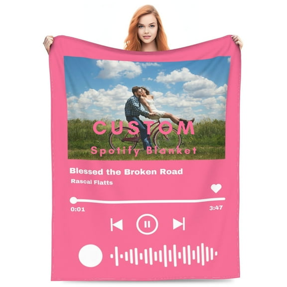 Custom Blanket with Your Own Photo and Spotify Song - 60inX40in - Personalized Pink Blanket Gifts for Christmas, Birthdays, and Weddings.