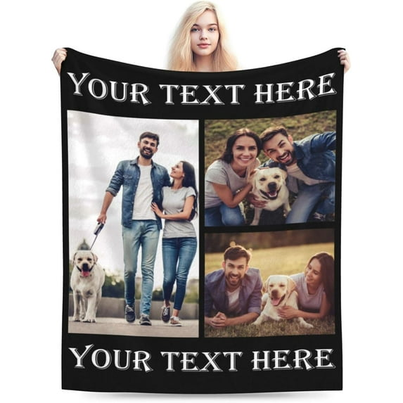 Custom Blankets with Photos and Text Personalized Flannel Throw Blankets Customized Memorial Blanket Gifts for Adult Couple Family Wedding Christmas Birthday Valentines Day Black 50"x40"